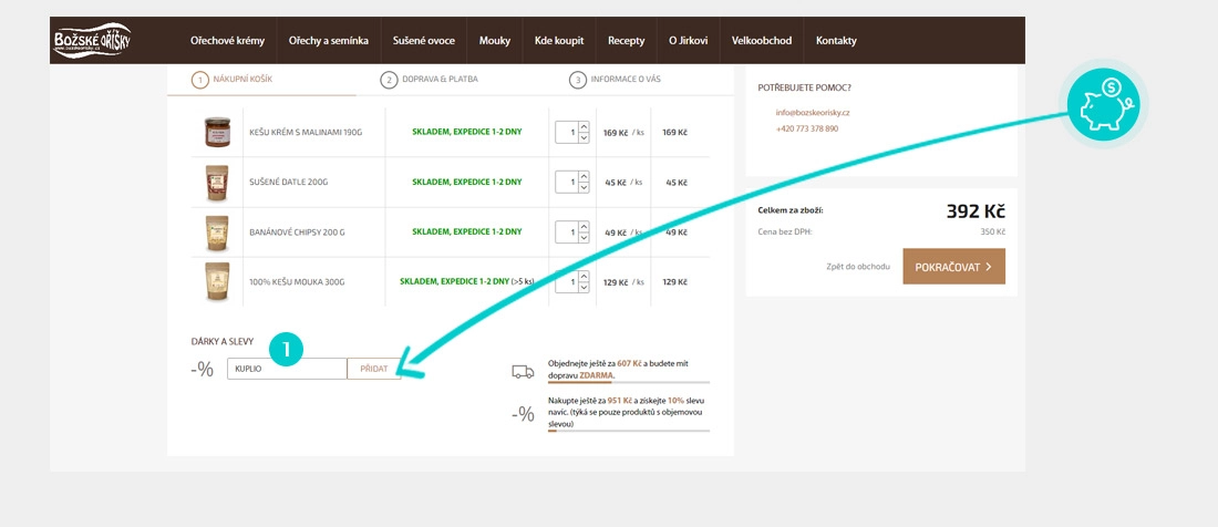 Návod jak uplatnit slevový kód v košíku e-shopu Božské oříšky