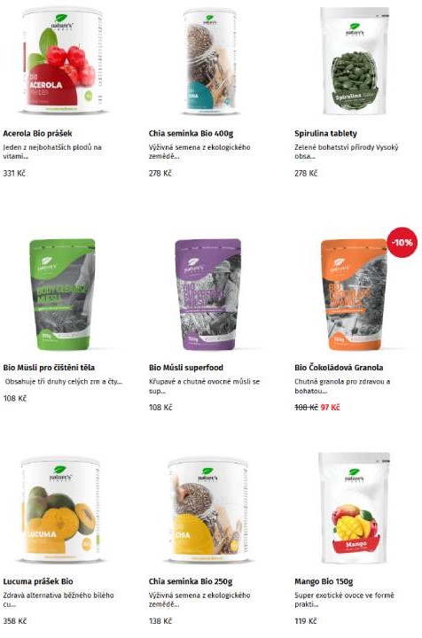 Nature´s Finest - bio prášek, chia semínka, tablety, müsli, granole, mango