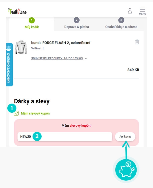 Návod jak uplatnit slevový kód v košíku e-shopu TrailStore