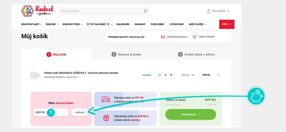 Návod jak uplatnit slevový kód v košíku e-shopu Radostvpisku.cz