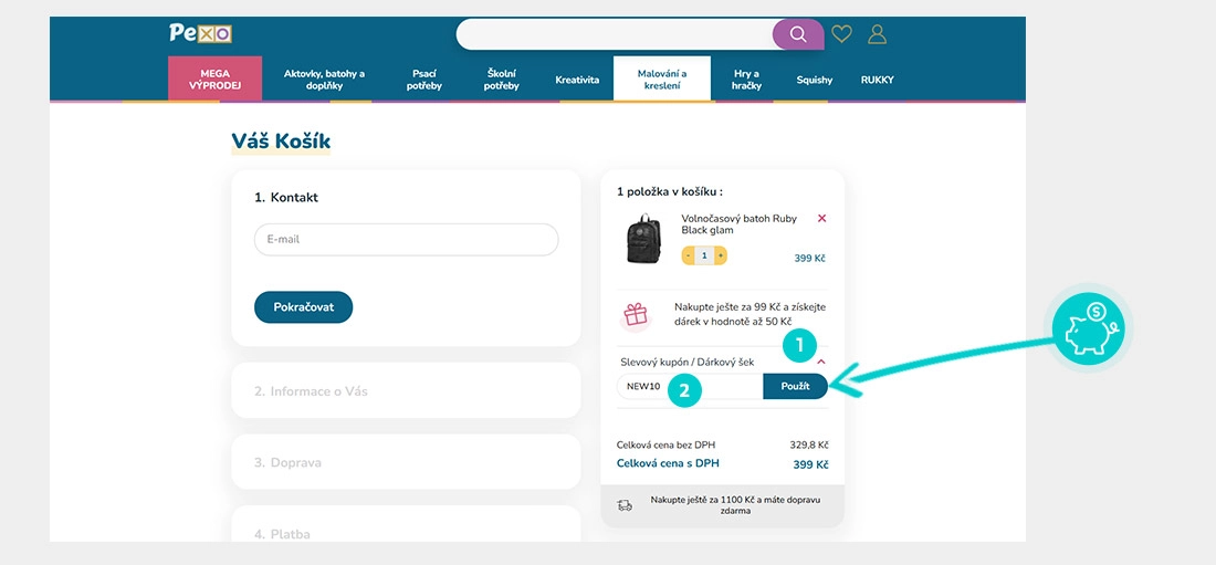 Návod jak uplatnit slevový kód v košíku e-shopu Pexo