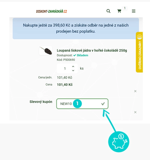 Návod jak uplatnit slevový kód v košíku e-shopu Diskont-zahrádkář