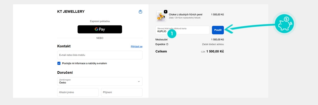 Návod jak uplatnit slevový kód v košíku e-shopu KT Jewellery