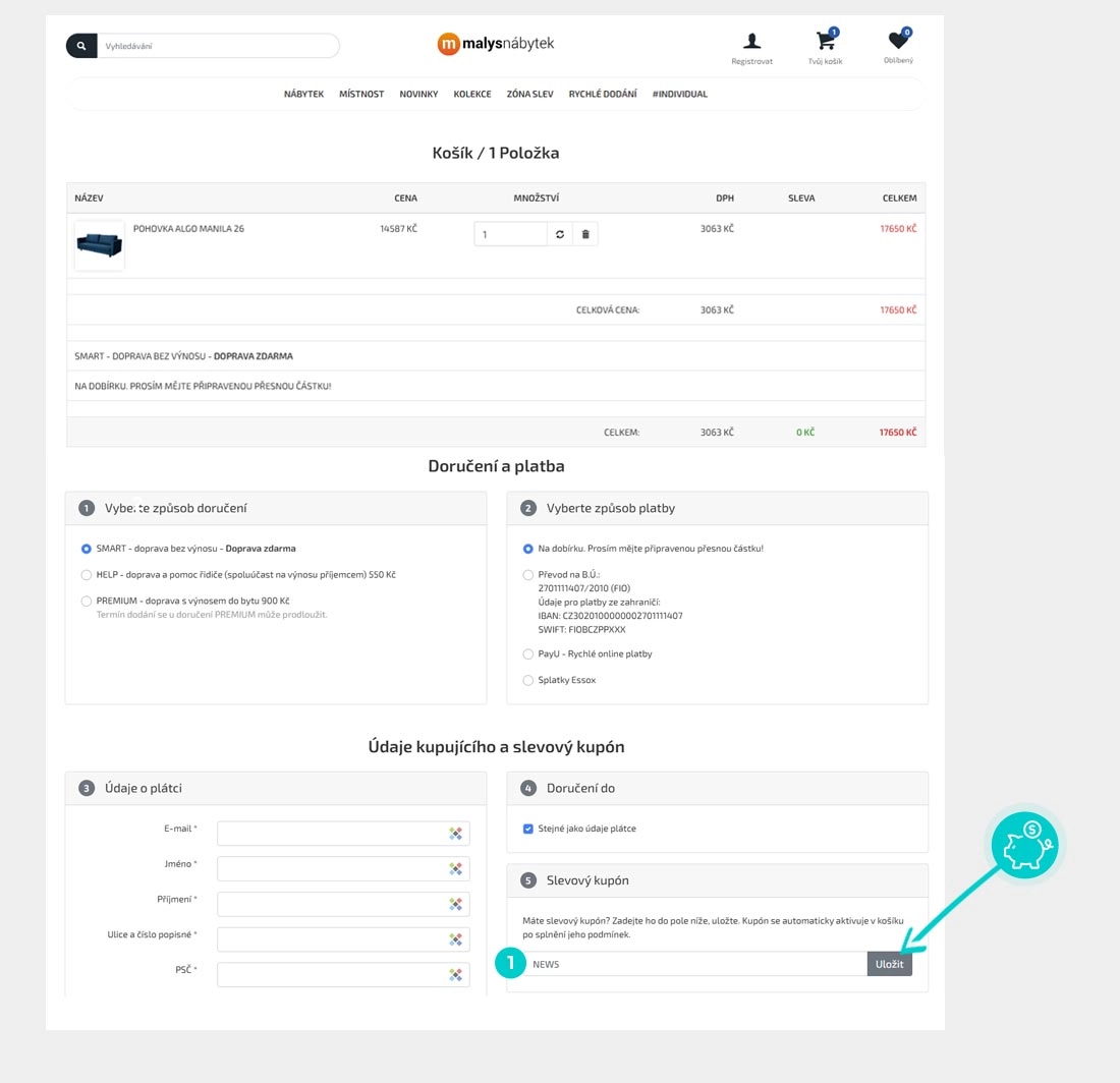 Návod jak uplatnit slevový kód v košíku e-shopu Malys-nabytek