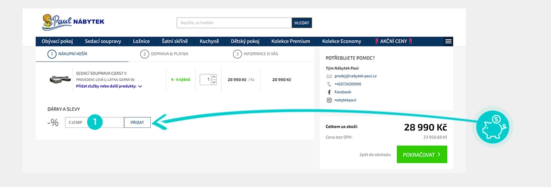 Návod jak uplatnit slevový kód v košíku e-shopu Nábytek Paul