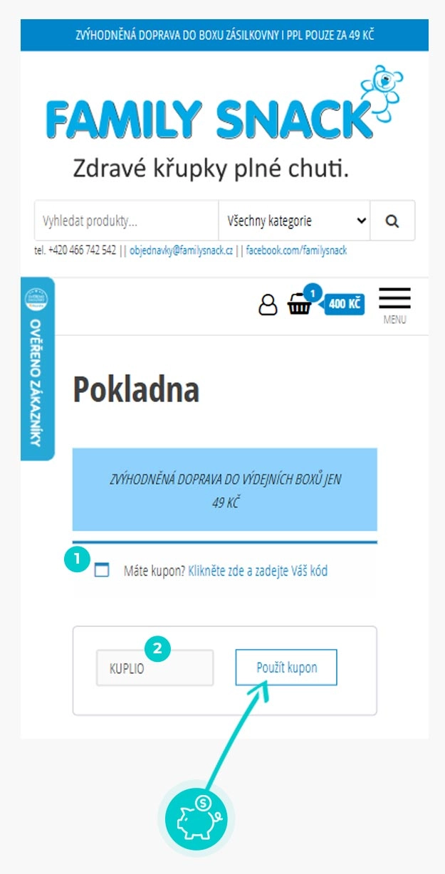 Návod jak uplatnit slevový kód v košíku e-shopu Family Snack