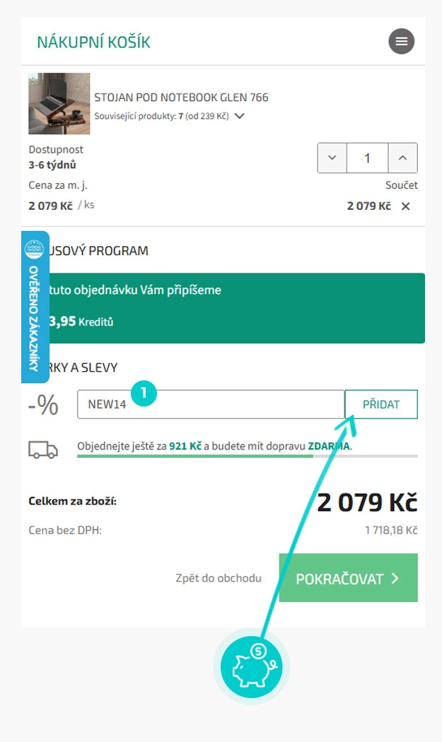 Návod jak uplatnit slevový kód v košíku e-shopu creative home