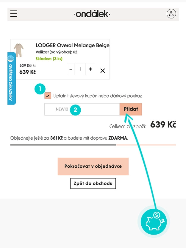 Návod jak uplatnit slevový kód v košíku e-shopu Ondalek