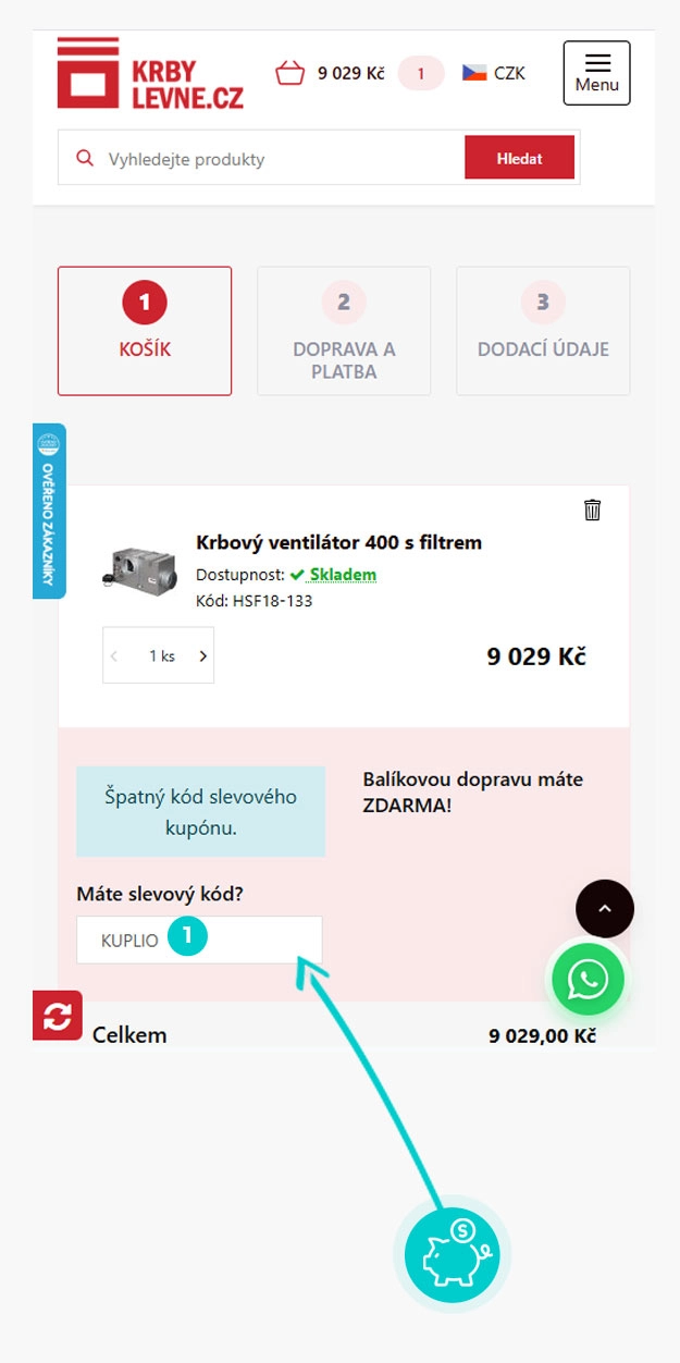 Návod jak uplatnit slevový kód v košíku e-shopu Krbylevne.cz