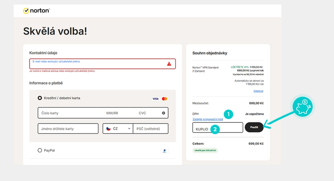 Návod jak uplatnit slevový kód v košíku e-shopu norton