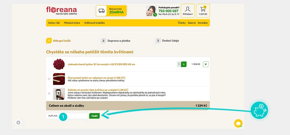 Návod jak uplatnit slevový kód v košíku e-shopu Floreana