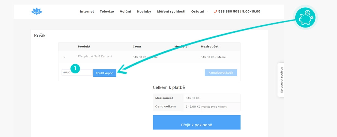 Návod jak uplatnit slevový kód v košíku e-shopu NejPřipojení