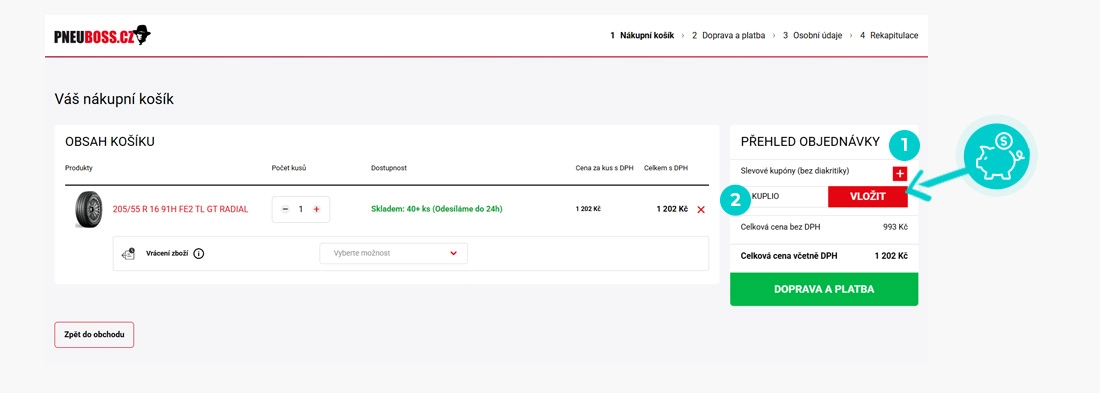 Návod jak uplatnit slevový kód v košíku e-shopu PneuBoss