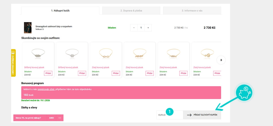 Návod jak uplatnit slevový kód v košíku e-shopu Mia Dresses