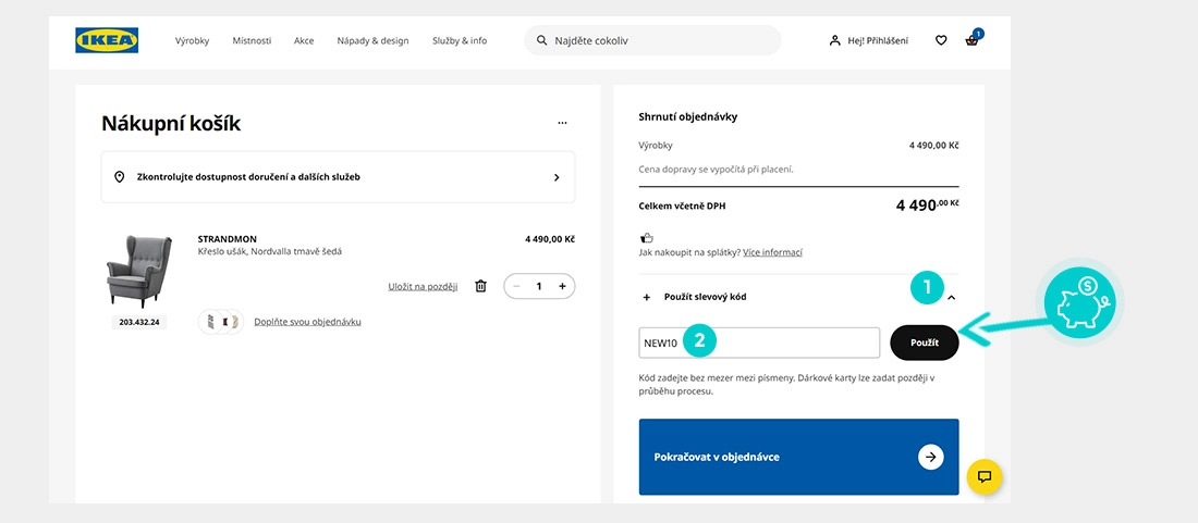 Návod jak uplatnit slevový kód v košíku e-shopu IKEA
