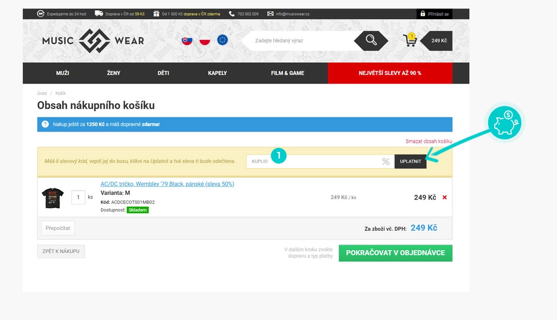 Návod jak uplatnit slevový kód v košíku e-shopu Musicwear