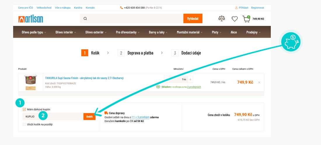 Návod jak uplatnit slevový kód v košíku e-shopu Artisan