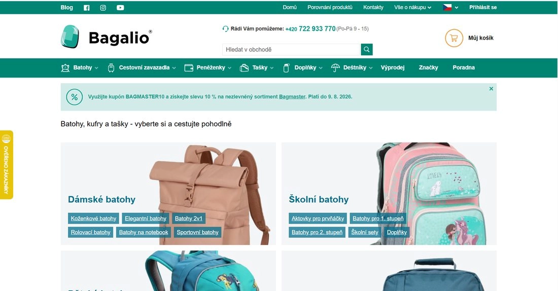 stránka e-shopu Bagalio s batohy