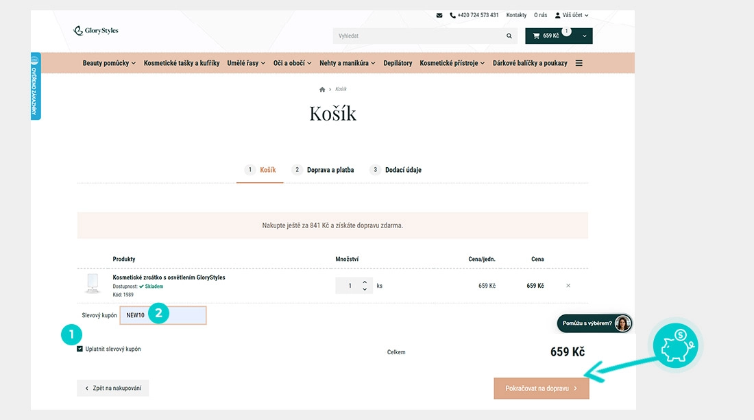 Návod jak uplatnit slevový kód v košíku e-shopu GloryStyles