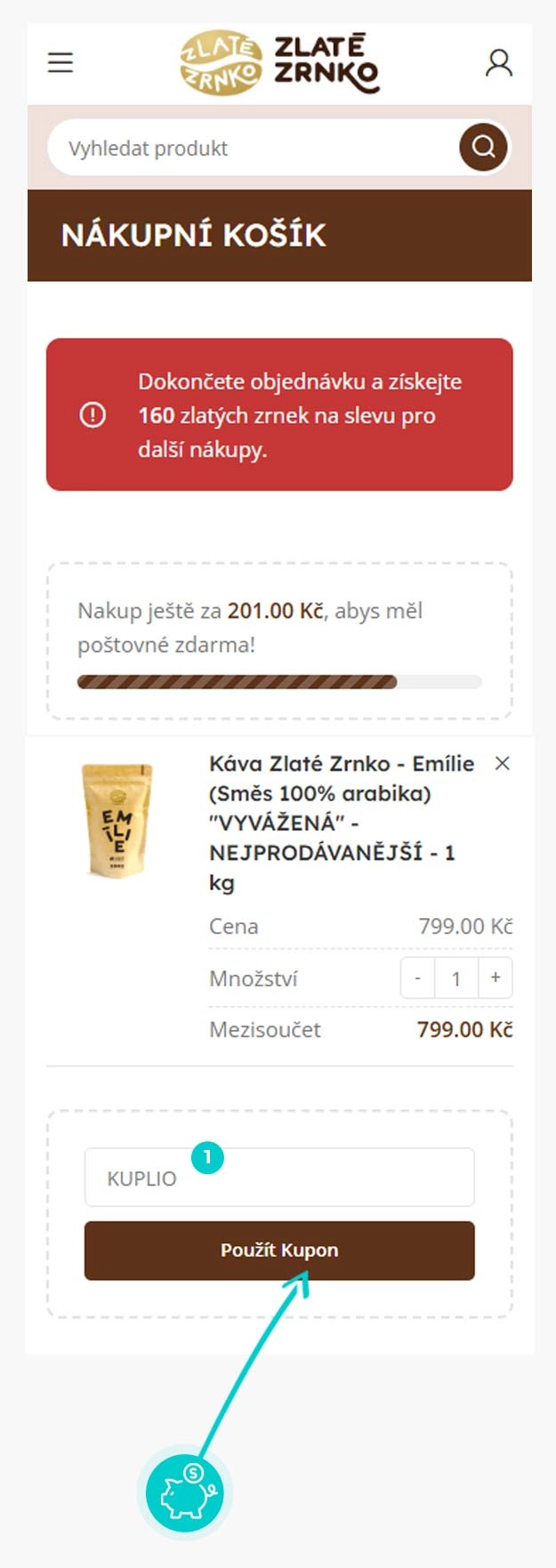 Návod jak uplatnit slevový kód v košíku e-shopu Zlaté zrnko