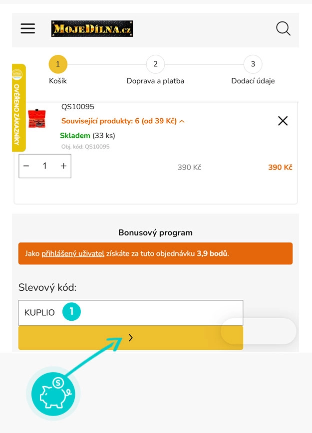 Návod jak uplatnit slevový kód v košíku e-shopu MojeDílna.cz