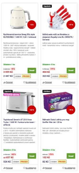 rychlovarná konvice, 6dílná sada nožů, topinkovač a náhradní čistíci utěrky