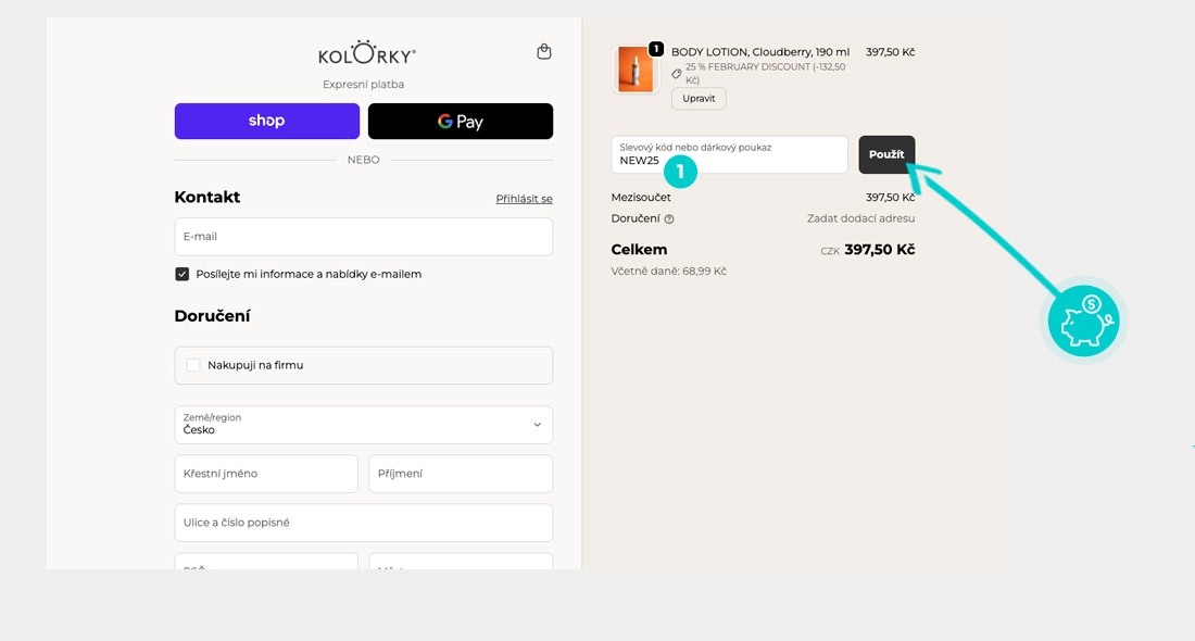 Návod jak uplatnit slevový kód v košíku e-shopu KOLORKY