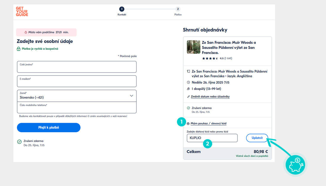 Návod jak uplatnit slevový kód v košíku e-shopu GetYourGuide