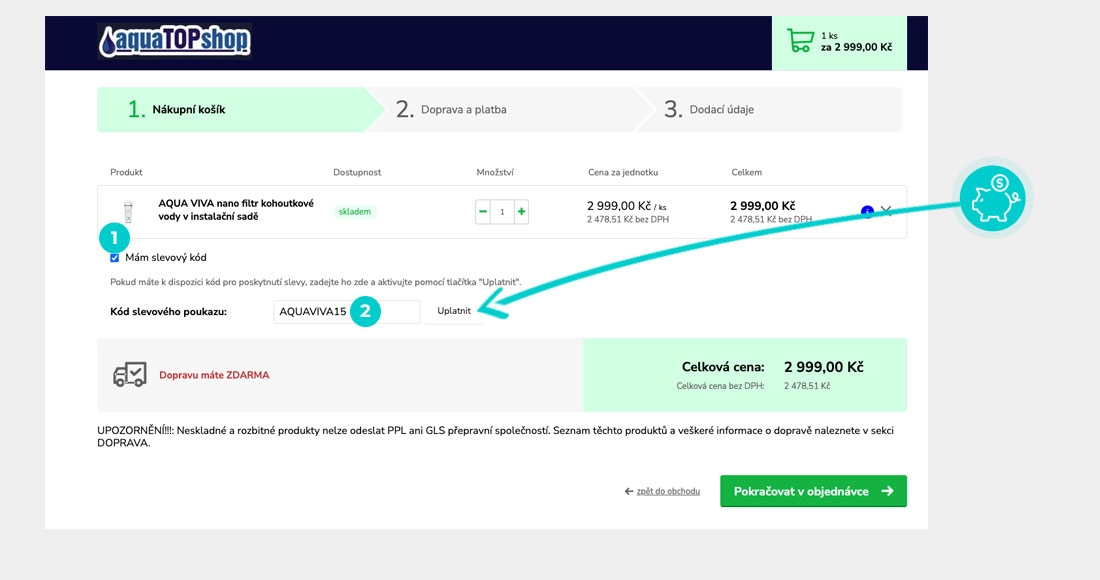 Návod jak uplatnit slevový kód v košíku e-shopu Aquatopshop