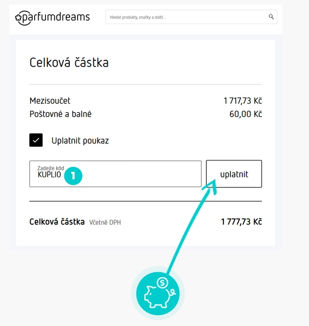 Návod jak uplatnit slevový kód v košíku e-shopu parfumdreams