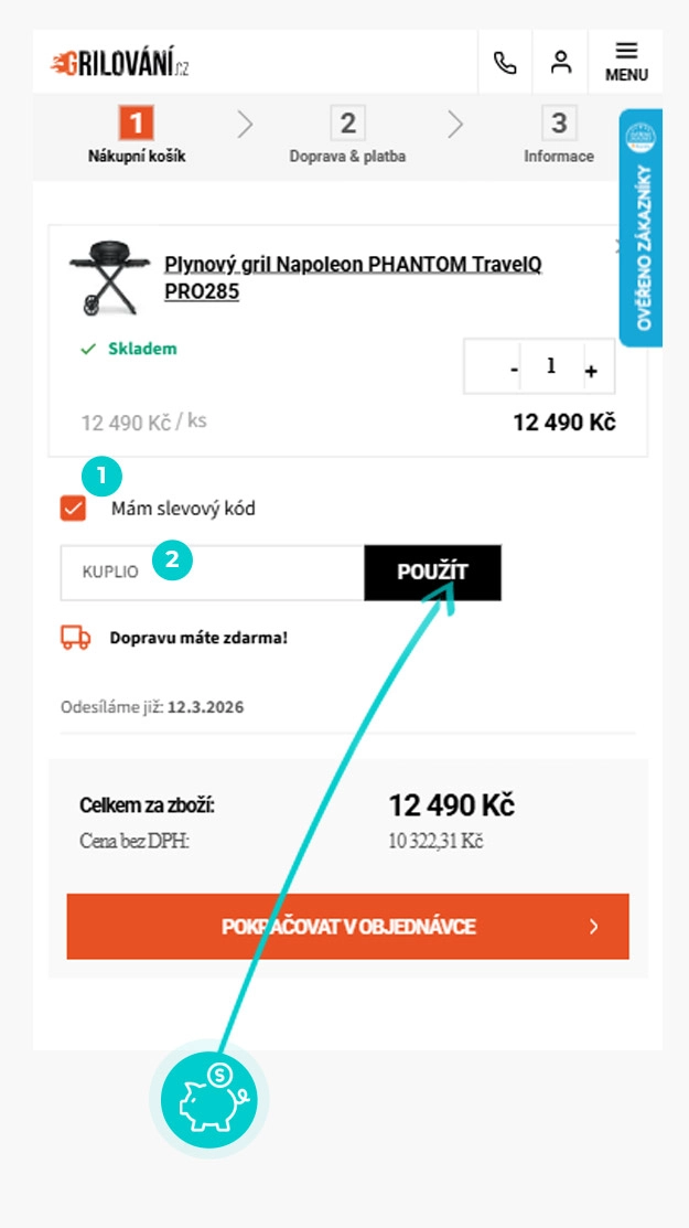 Návod jak uplatnit slevový kód v košíku e-shopu Grilování