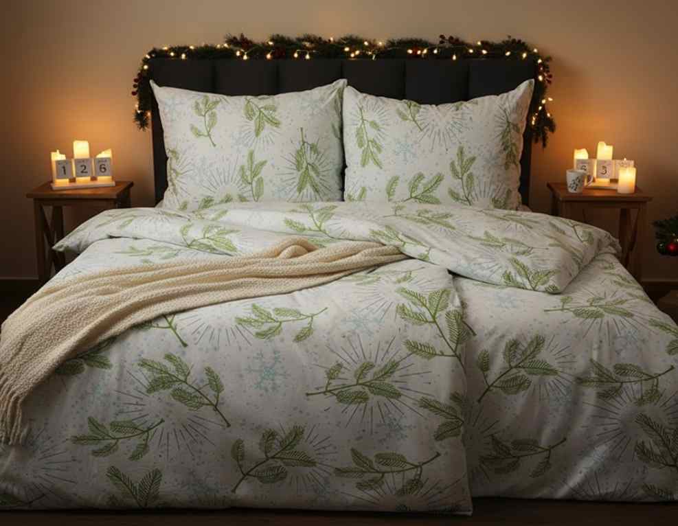 povlečení na dvojlůžku s vánočním motivem zelené na bílém podkladu