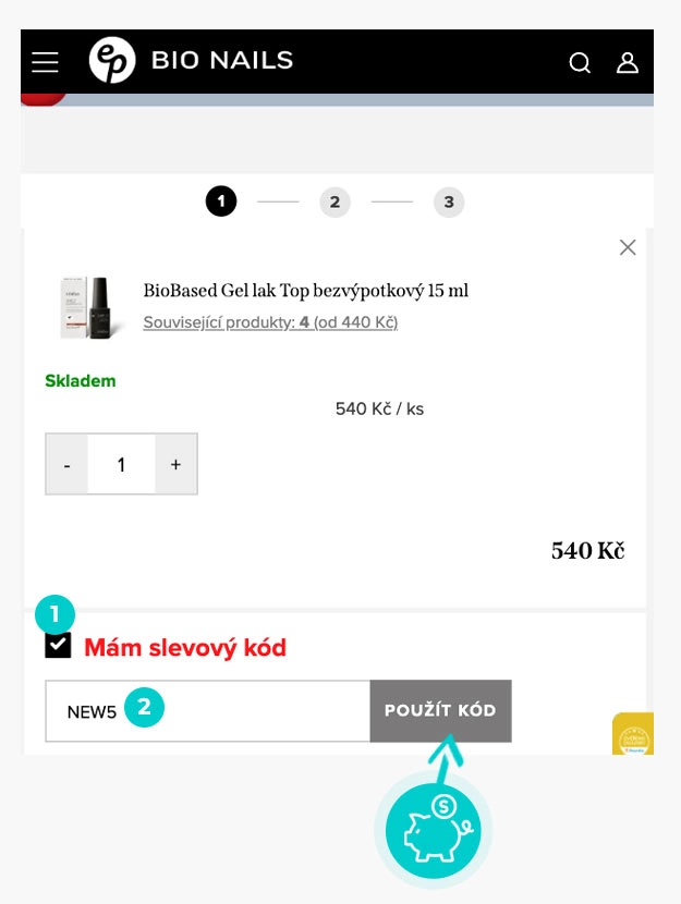 Návod jak uplatnit slevový kód v košíku e-shopu Bio nails