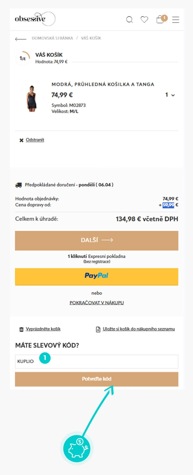 Návod jak uplatnit slevový kód v košíku e-shopu Obsessive