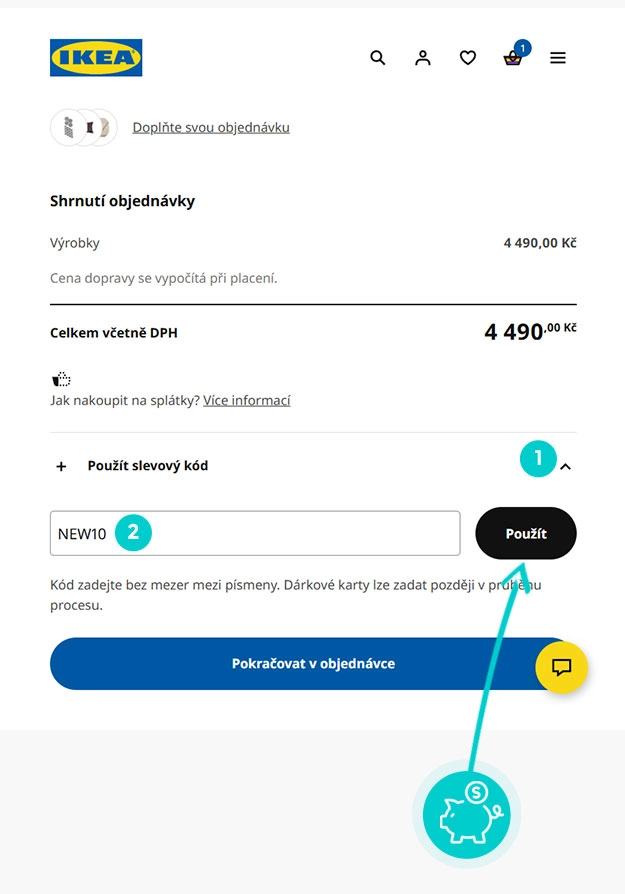Návod jak uplatnit slevový kód v košíku e-shopu IKEA