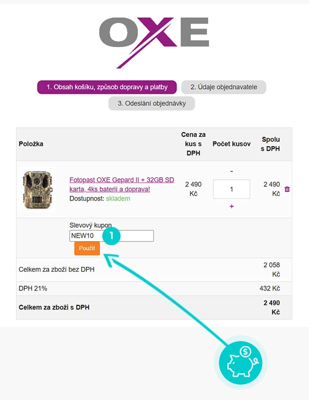 Návod jak uplatnit slevový kód v košíku e-shopu OXE