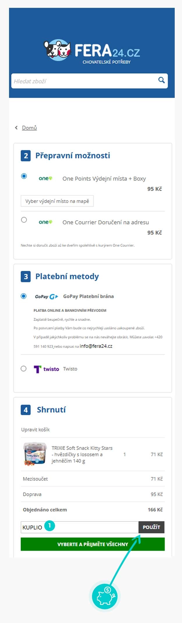 Návod jak uplatnit slevový kód v košíku e-shopu Fera24