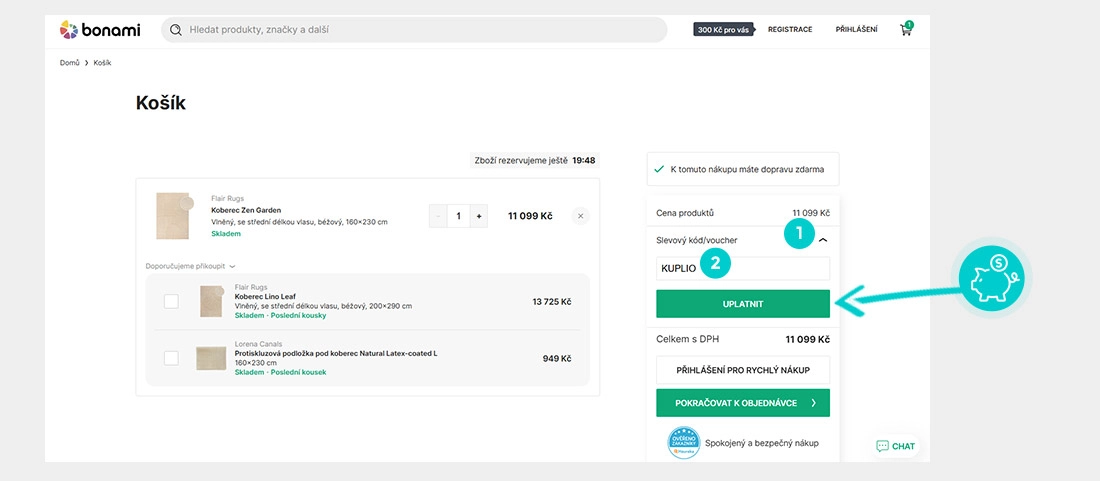 Návod jak uplatnit slevový kód v košíku e-shopu bonami