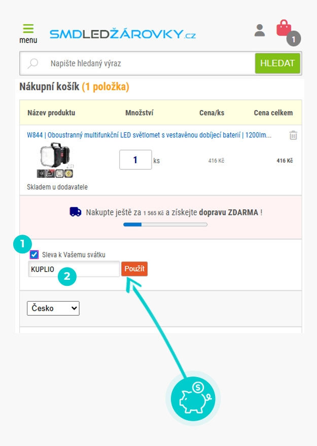 Návod jak uplatnit slevový kód v košíku e-shopu SMDLEDžárovky