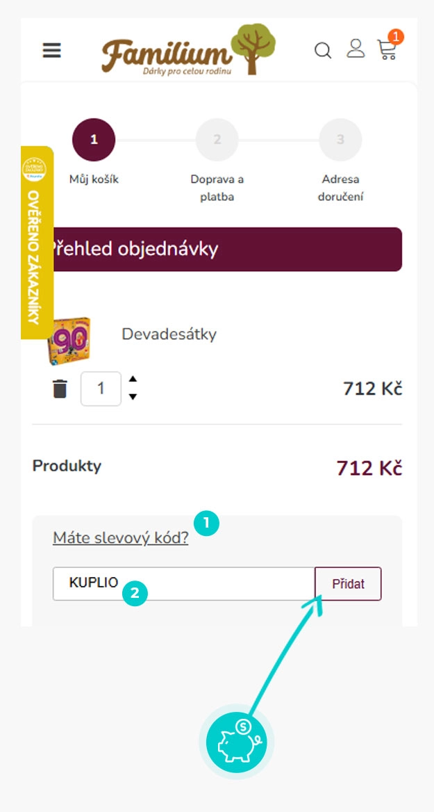 Návod jak uplatnit slevový kód v košíku e-shopu Familium