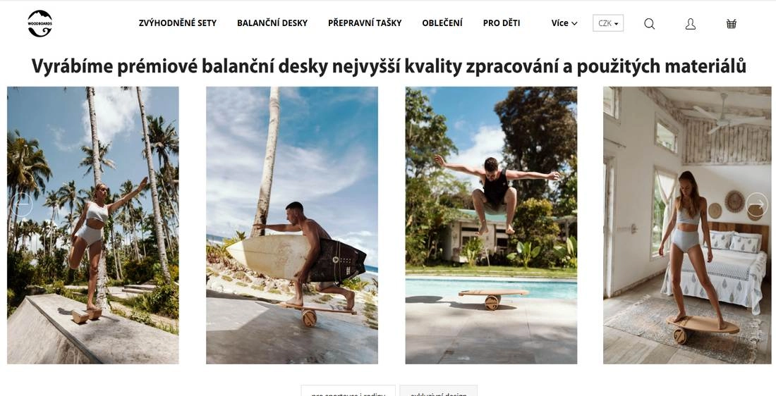 Stránka e-shopu Woodboards s lidmi na woodboardech