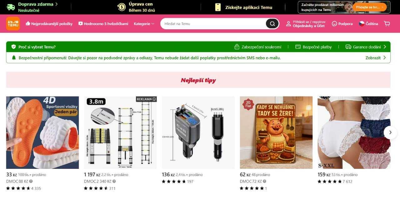 nabídka různých produktů eshopu Temu