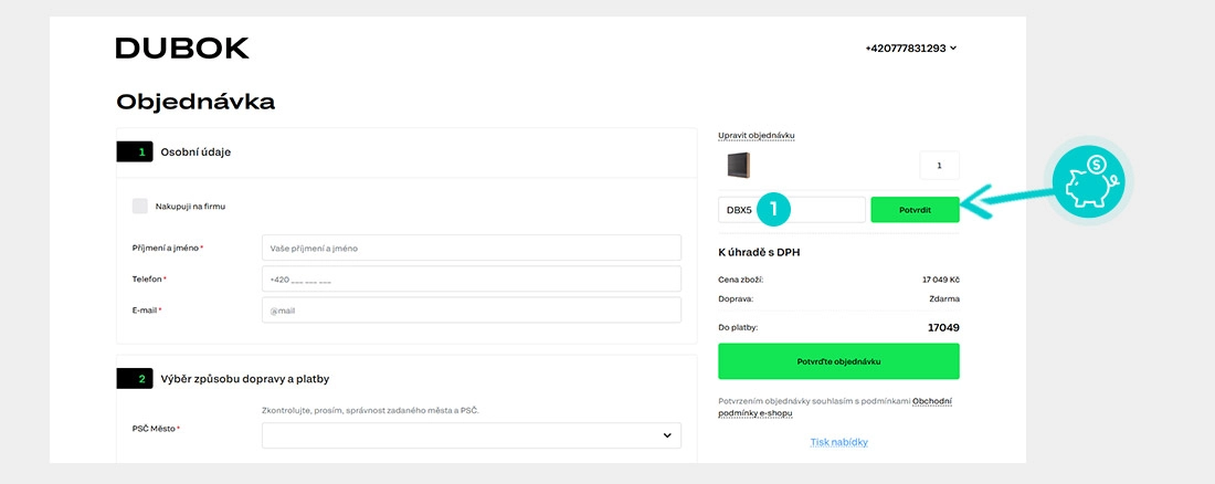 Návod jak uplatnit slevový kód v košíku e-shopu Dubok