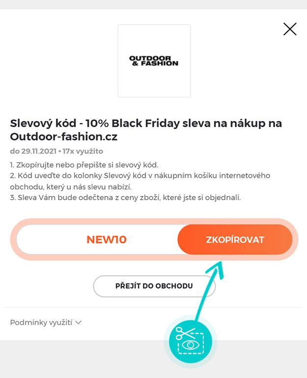 Návod jak zkopírovat slevový kód Outdoor-Fashion
