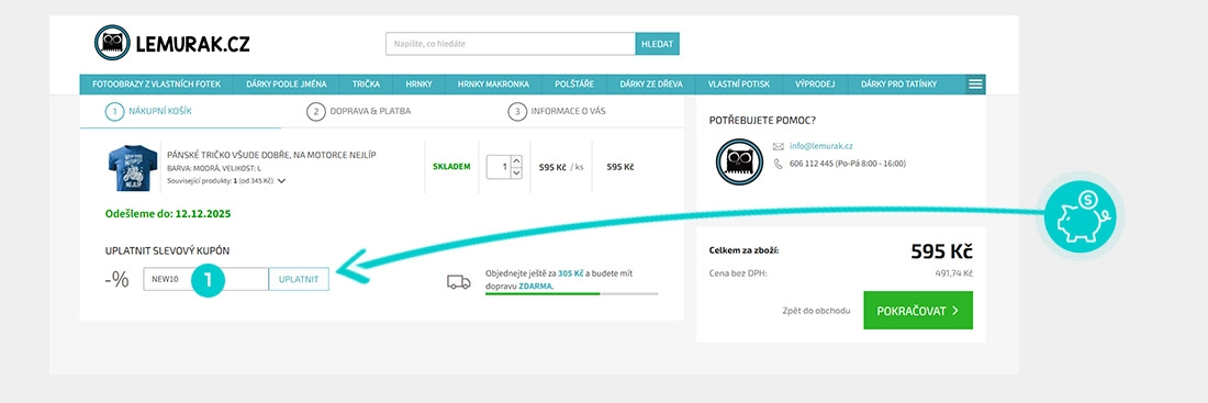 Návod jak uplatnit slevový kód v košíku e-shopu Lemurak.cz