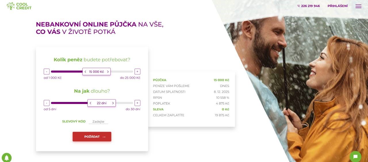 homepage Cool Credit s nabídkou půjčky a dvojicí v dešti