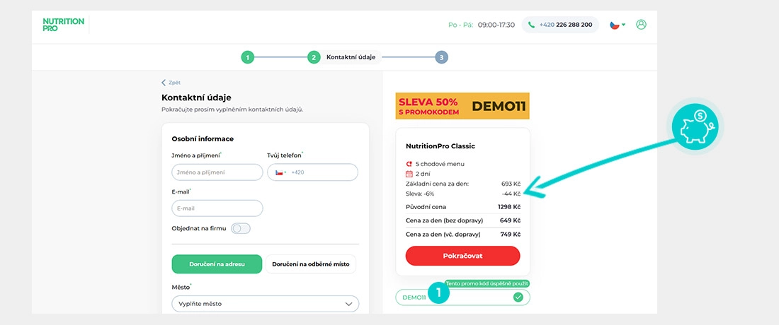 Návod jak uplatnit slevový kód v košíku e-shopu NutritionPro