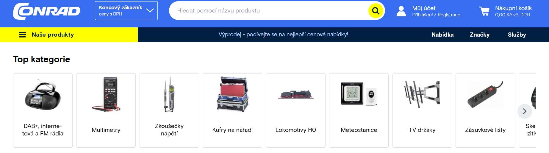 webové stránky e-shopu s nabídkou kategorií