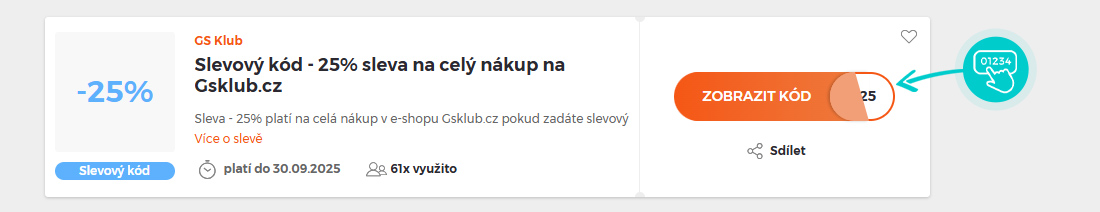 Ukázka slevového kódu GS Klub