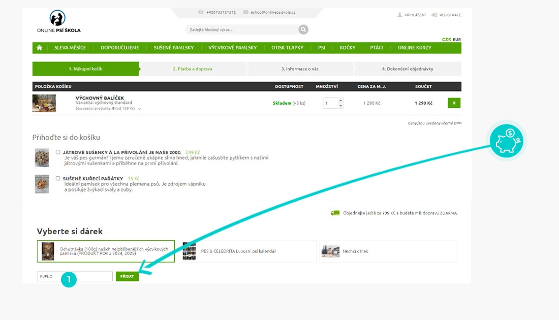Návod jak uplatnit slevový kód v košíku e-shopu Online psí škola